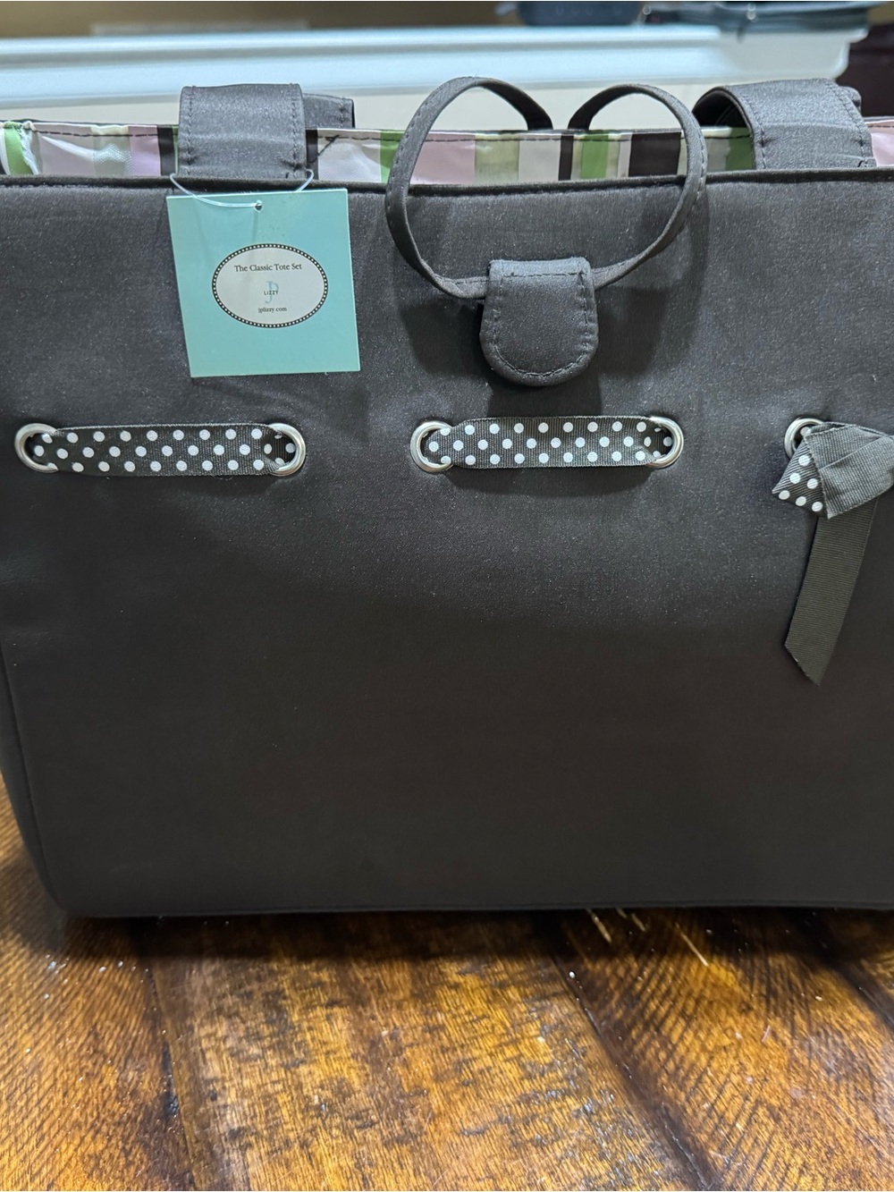 JP Lizzy Brown Structured Diaper Tote Bag with Polka Dot Trim